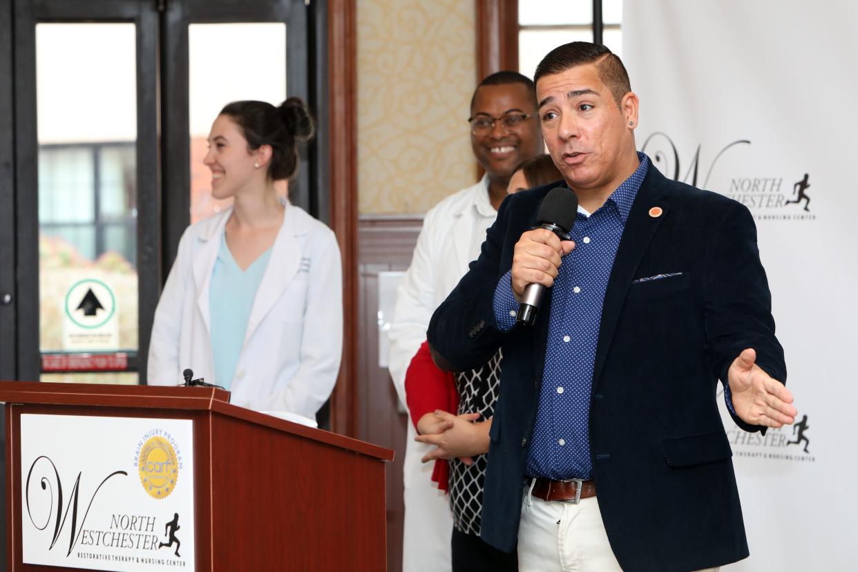 County Legislature Colin Smith speaks at a ceremony marking the Commission on Rehabilitation Accreditation of Rehabilitation Facilities (CARF) certification for the brain injury program at North Westchester Restorative Therapy & Nursing in Mohegan Lake Jan. 25, 2024.