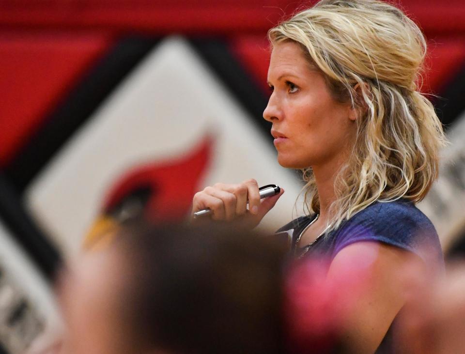 Metamora volleyball coach Tara Ballard looks on during a 2019 match.