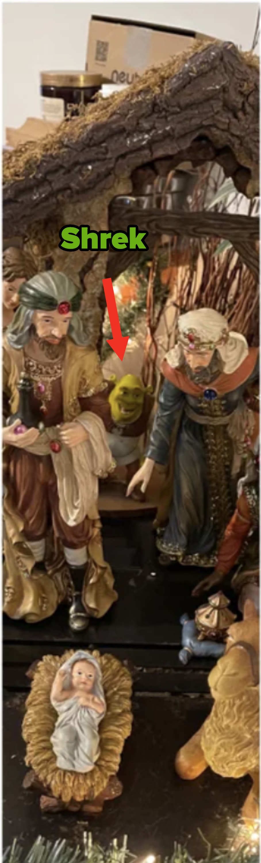 Shrek toy in a nativity scene