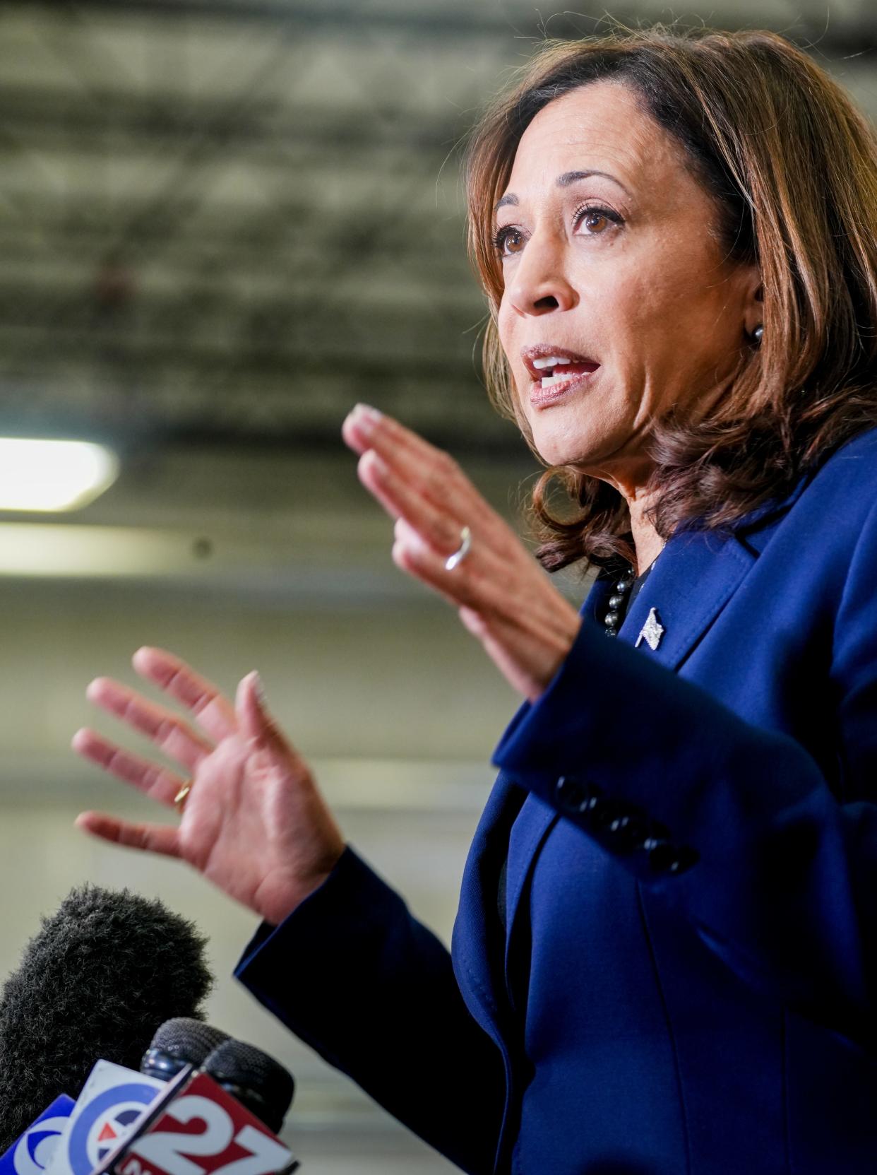 Vice President Kamala Harris highlights the Biden administration’s efforts to promote union job growth and apprenticeship programs Wednesday, March 6, 2024, at what will be the Metro Transit Satellite Bus Facility in Madison, Wis.