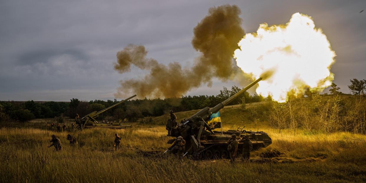 Ukrainian artillery unit fires with a 2S7-Pion, a self-propelled gun, at a position near a frontline in Kharkiv region on August 26, 2022, amid the Russian invasion of Ukraine.