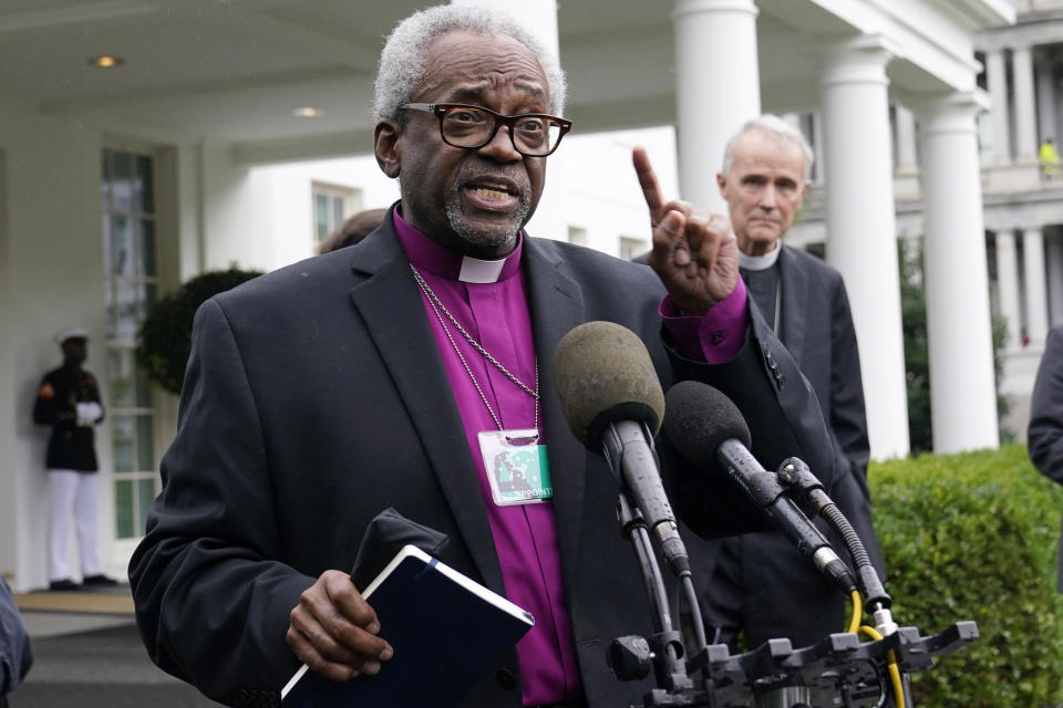 FILE - Bishop Michael Curry, presiding bishop and primate of the Episcopal Church, speaks outside the West Wing of the White House in Washington, Wednesday, Sept. 22, 2021. Most mainline Protestants support the right to abortion, and several of their top leaders have decried the year-old Supreme Court ruling that undermined that right by reversing the Roe v. Wade decision of 1973. Curry, said he was “deeply grieved” by that ruling, and the decision “institutionalizes inequality because women with access to resources will be able to exercise their moral judgment in ways that women without the same resources will not." (AP Photo/Susan Walsh, File)