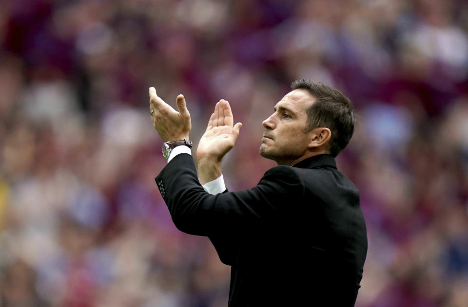 Derby County manager Frank Lampard applauds the fans after his team lost the English Championship Play-off soccer final between Aston Villa and Derby County at Wembley Stadium, London, Monday, May 27, 2019. (Scott Wilson/PA via AP)