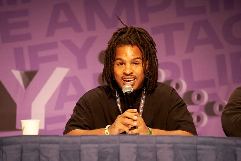 ANAHEIM, CALIFORNIA - JUNE 23: Keith Lee speaks onstage at VidCon Anaheim 2023 at the Anaheim Convention Center on June 23, 2023 in Anaheim, California.