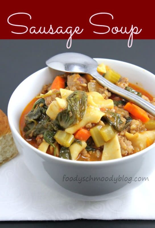 <p>Foody Schmoody Blog</p><p>A hearty noodle soup that will warm you from the inside out.</p><p><a href="https://foodyschmoodyblog.com/sausage-soup/" rel="nofollow noopener" target="_blank" data-ylk="slk:Get the recipe: Sausage Soup;elm:context_link;itc:0;sec:content-canvas" class="link "><strong>Get the recipe: Sausage Soup</strong></a></p>