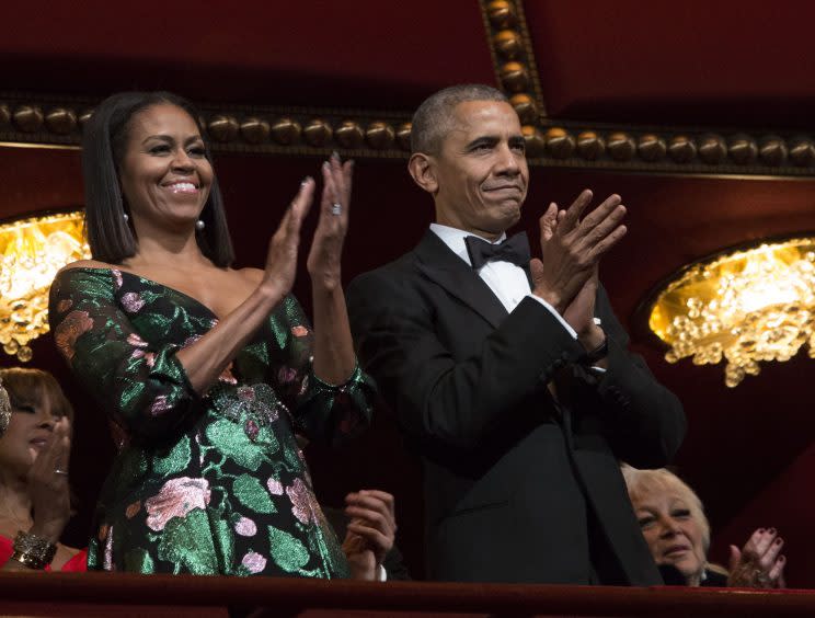 The First Lady donned a sequinned gown for one of the Obama's favourite events [Photo: Getty]