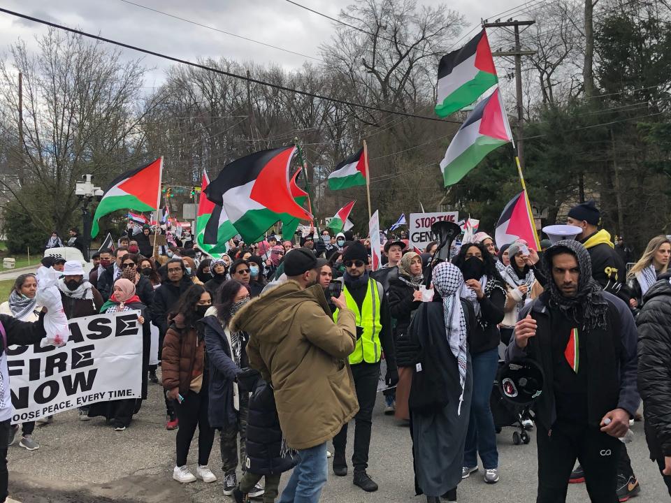 Thousands arrived at the Congregation Keter Torah in Teaneck on March 10, 2024, protesting My Home in Israel Real Estate company giving out information on how to buy propertiesa in Israel and the occupied West Bank. Pro-Palestinian and pro-Israeli protestors screamed at each other.