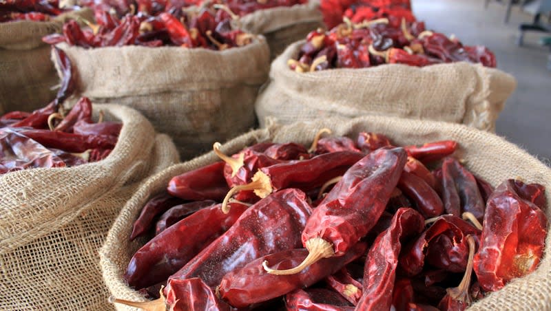 Sacks of dried red chile pods at the Hatch Chile Sales shop along the main street of the self-proclaimed "Chile Capital of the World," in Hatch, N.M.