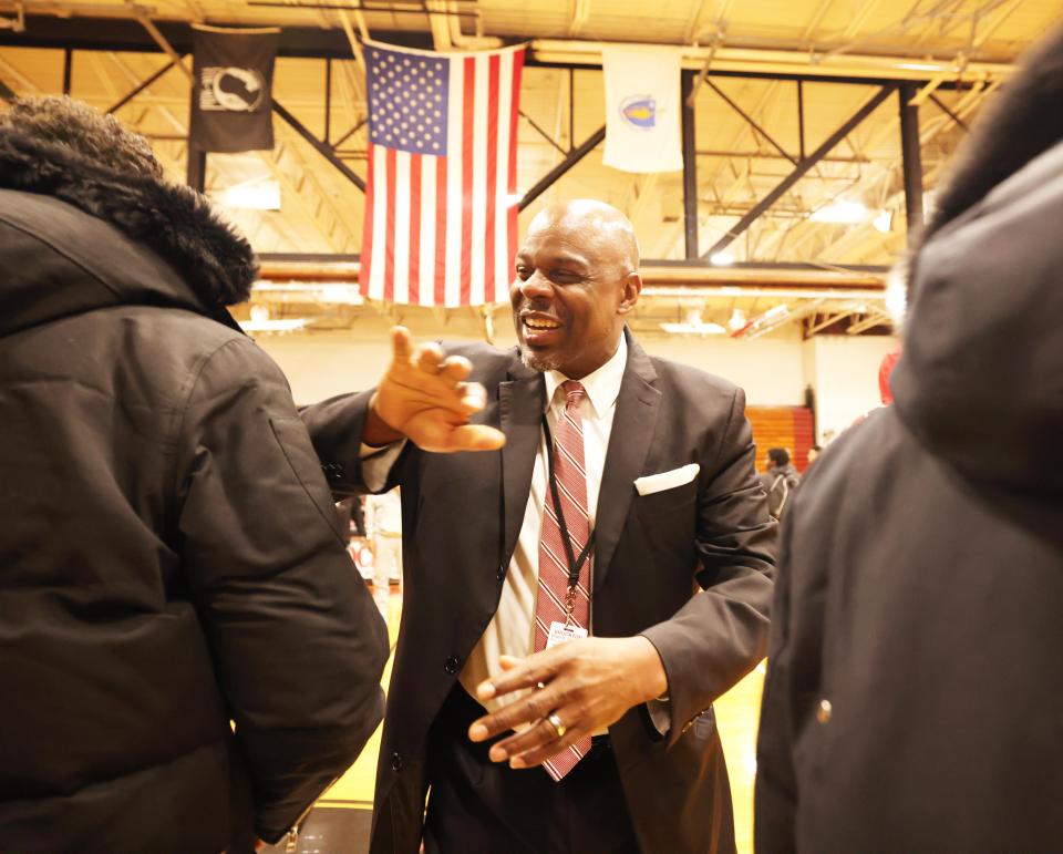 Brockton High School's new Principal Kevin McCaskill attends a boys varsity basketball game vs. New Bedford on Friday, Feb. 16, 2024.