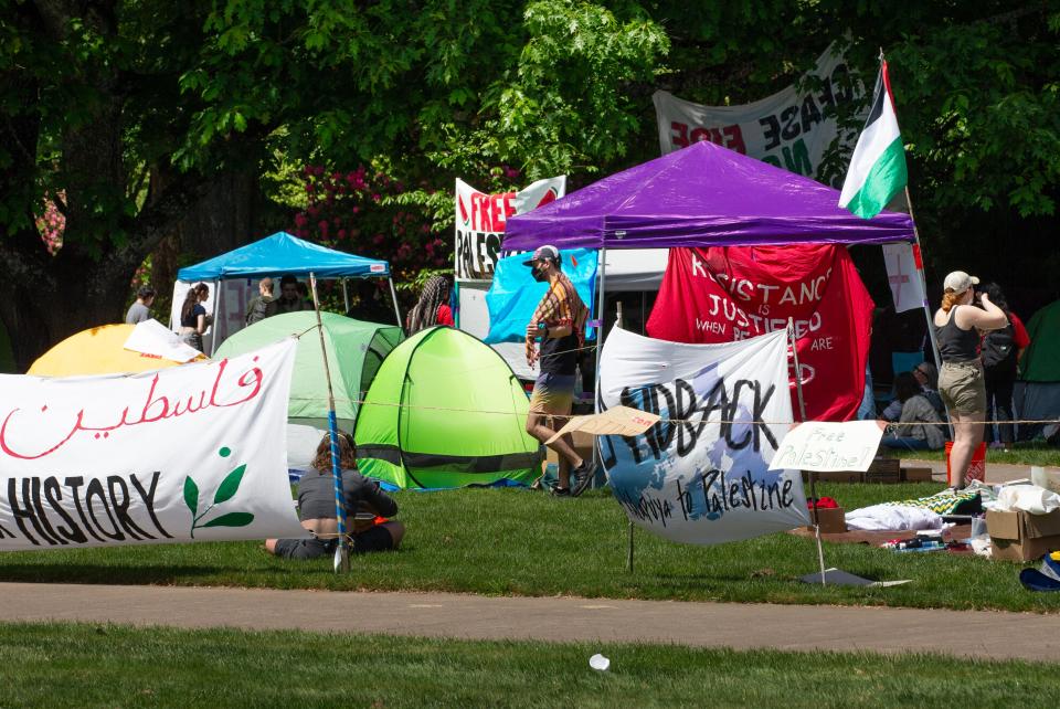 About 20 tents have been set up at a pro-Palestinian encampment on the Memorial Union Quad on the Oregon State University campus in Corvallis.