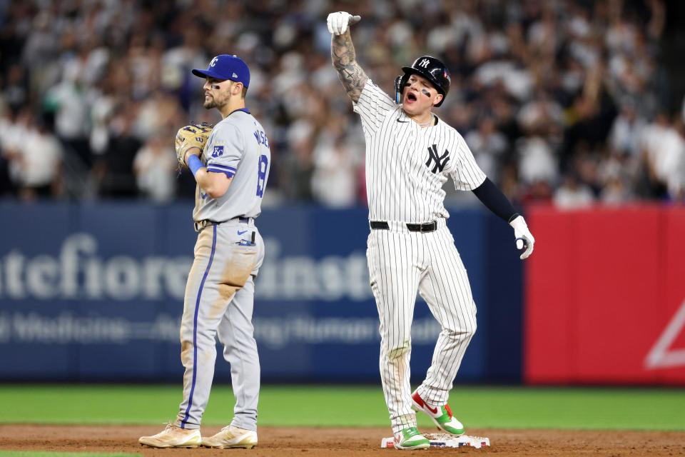 NEW YORK, NEW YORK - OCTOBER 05: Alex Verdugo #24 of the New York Yankees celebrates after hitting an RBI single against the Kansas City Royals in the seventh inning in game one of the Division Series at Yankee Stadium in New York on October 05, 2024 beat York City. (Photo by Elsa/Getty Images)