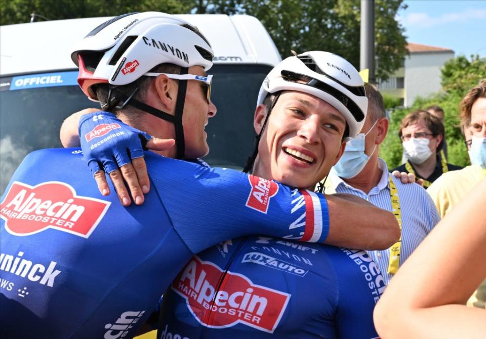 Dutch Mathieu van der Poel of AlpecinDeceuninck congratulates Belgian Jasper Philipsen of AlpecinDeceuninck after the third stage of the Tour de France cycling race a 1874 km race from  AmorebietaEtxano to Bayonne France Monday 03 July 2023 This years Tour de France takes place from 01 to 23 July 2023 BELGA PHOTO POOL COR VOS Photo by POOL COR VOS  BELGA MAG  Belga via AFP Photo by POOL COR VOSBELGA MAGAFP via Getty Images