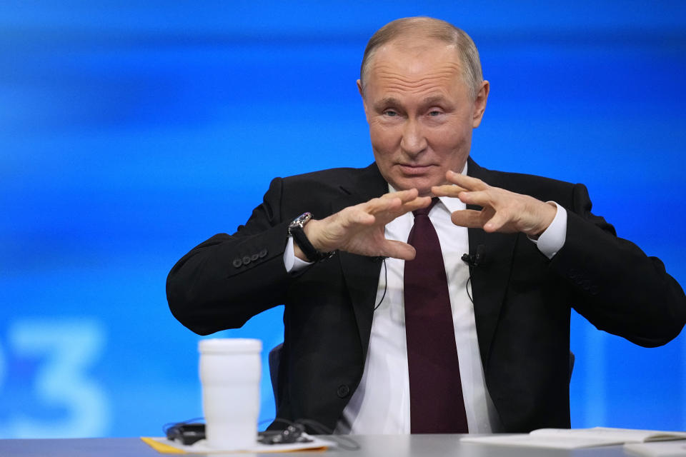 Russian President Vladimir Putin gestures during his annual news conference in Moscow, Russia, Thursday, Dec. 14, 2023. (AP Photo/Alexander Zemlianichenko, Pool)