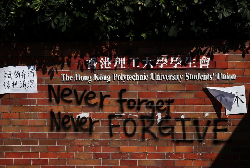 Graffiti is seen on a wall under a sign of the student union of Hong Kong Polytechnic University (PolyU)