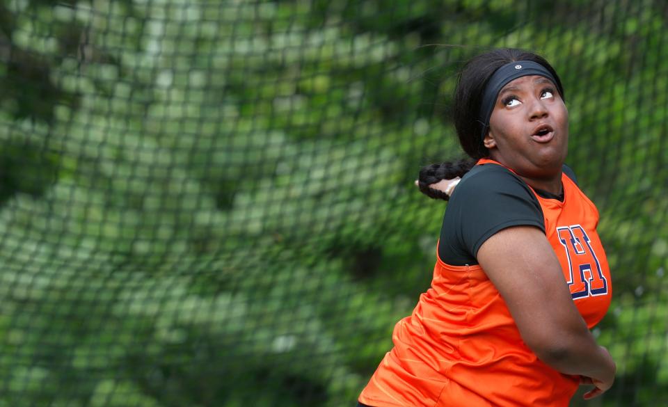 Harrison Autumn Craig competes in discus during the IHSAA girls track and field sectional meet, Tuesday, May 16, 2023, at Harrison High School in West Lafayette, Ind. 