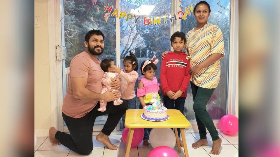 The Wickramasinghe family at daughter Ranaya's third birthday party earlier this month. From right to left, father Dhanushka Wickramasinghe; two-month-old daughter Kelly; daughters Ashwini, 4, and Ranaya, 3; son Inuka, 7; and mother Darshani Dilanthika Ekanayake, 35.