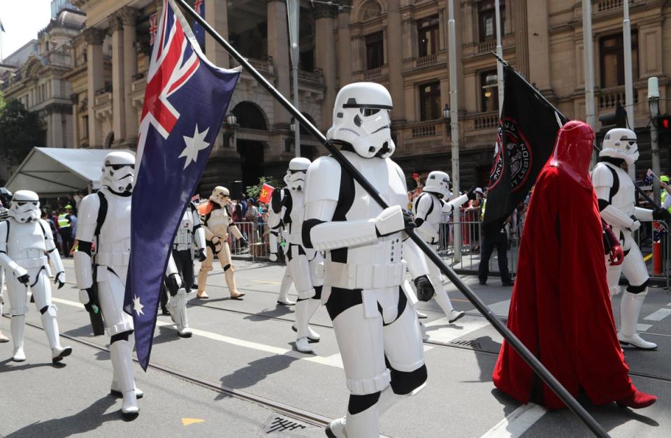 Participants dressed as Star Wars Stormtroopers attend the Australia Day parade down Swanston Street in Melbourne, Victoria, on January 26, 2018 (David Crosling/EPA)
