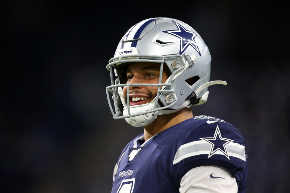 Dallas Cowboys quarterback Dak Prescott (4) looks on during warmups before the first half of an NFL football game against the Dallas Cowboys in Detroit, Michigan USA, on Sunday, November 17, 2019.  (Photo by Amy Lemus/NurPhoto via Getty Images)