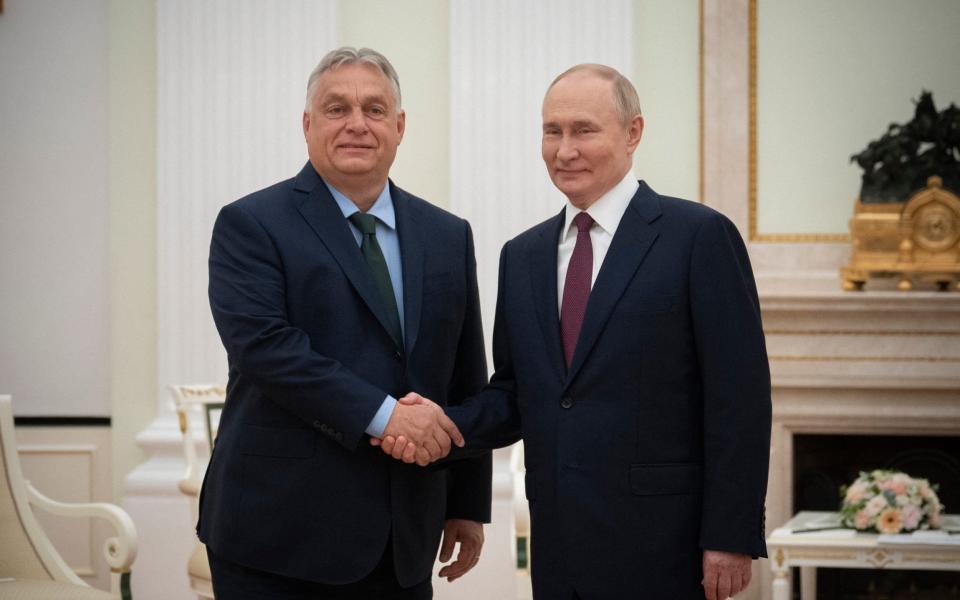 The pair shook hands inside the gilded halls of the Kremlin for a meeting to discuss Ukraine