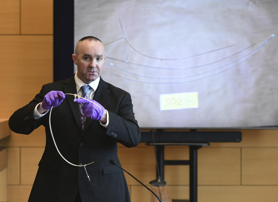 Connecticut State Police Sgt. Kevin Duggan shows a blood-like stain found on a zip tie seized from a trash can on Albany Avenue in Hartford as he testifies on day eight of Michelle Troconis' criminal trial at Connecticut Superior Court in Stamford, Conn. Tuesday, Jan. 23, 2024. Troconis is on trial for charges related to the disappearance and death of New Canaan resident Jennifer Dulos. (Tyler Sizemore/Hearst Connecticut Media via AP)