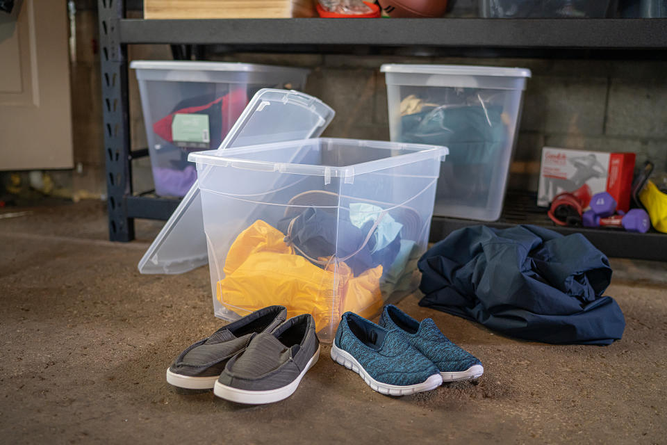 Clear plastic storage bin for garage