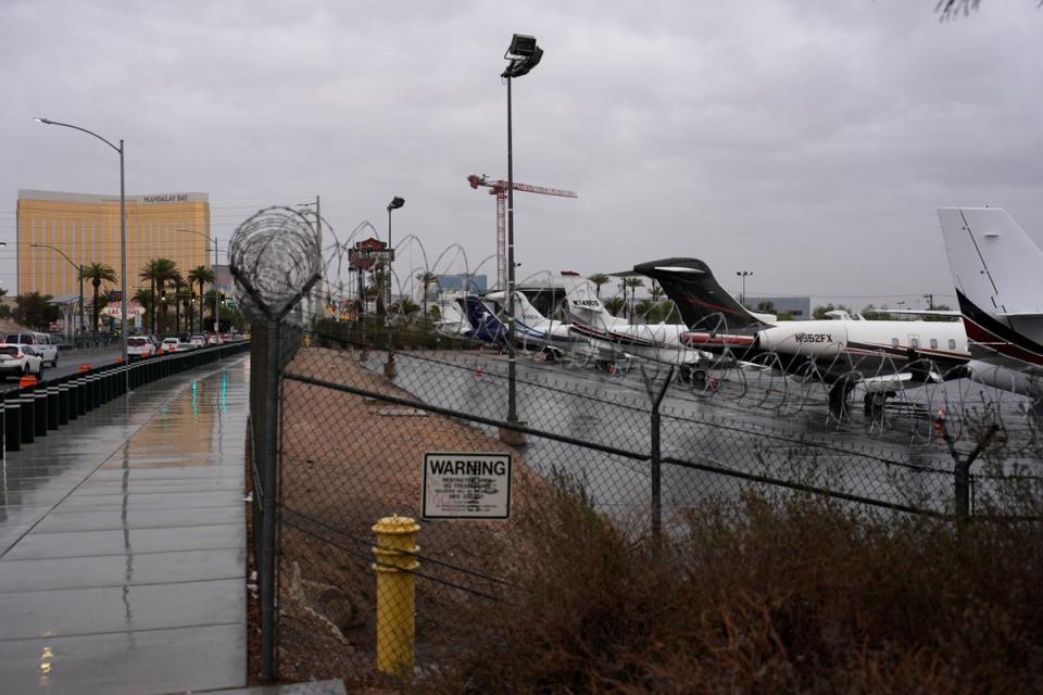 Planes are parked at a private jet terminal at Harry Reid International Airport ahead of the Super Bowl on Thursday in Las Vegas (AP)