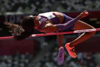 <p>USA's Erica Bougard competes in the women's heptathlon high jump during the Tokyo 2020 Olympic Games at the Olympic Stadium in Tokyo on August 4, 2021. (Photo by Ben STANSALL / AFP)</p> 