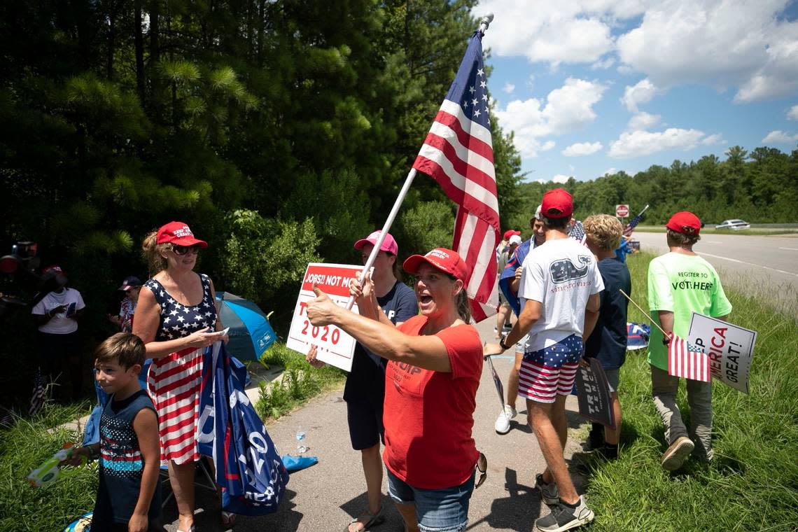 In this July 27, 2020 photo, Michele Morrow of Cary, N.C., center, waits with others for President Donald Trump to show up at Morrisville, N.C. event. Morrow is now the Republican nominee for N.C. superintendent of schools. A recent CNN investigation revealed that in 2020 she expressed support on social media for the televised execution of former President Barack Obama and suggested killing then President-elect Joe Biden. Robert Willett/rwillett@newsobserver.com