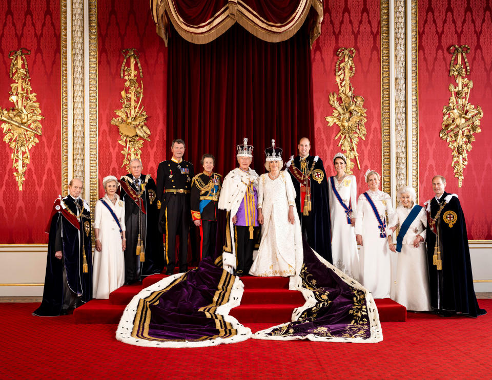 King Charles III and Queen Camilla are pictured with members of the working royal family: (L-R) Prince Edward, Duke of Kent, Birgitte, Duchess of Gloucester, Prince Richard, Duke of Gloucester, Vice Admiral Sir Tim Laurence, Anne, Princess Royal, King Charles III, Queen Camilla, The Prince of Wales, Catherine, Princess of Wales, Sophie, Duchess of Edinburgh, Princess Alexandra, The Honourable Lady Ogilvy and Prince Edward, Duke of Edinburgh.<span class="copyright">Hugo Burnand—Buckingham Palace/Getty Images</span>