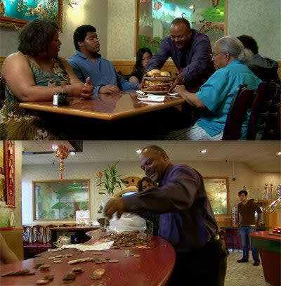 A man paying for a buffet with coins