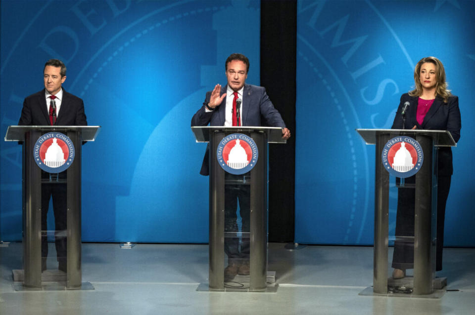  The attorney general GOP primary debate between Derek Brown, Frank Mylar and Rachel Terry, at the KUED Studio, on Tuesday, June 11, 2024. (Pool photo by Rick Egan/The Salt Lake Tribune)