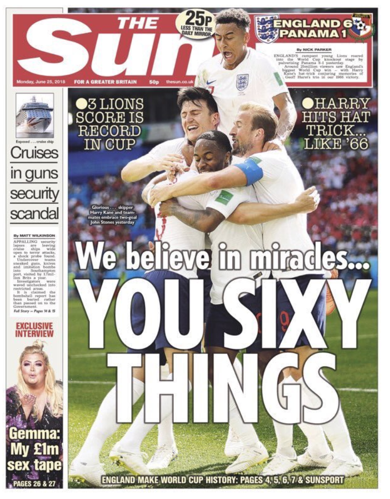 The Sun put England’s Group G thrashing of Panama on their front page. (Twitter)