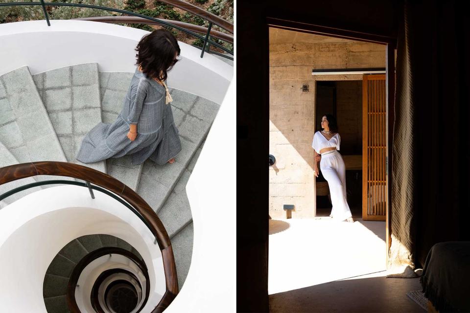 Two photos show hotel details in Mexico, including a model walking down a spiral staircase, and a model standing in a sunlit doorway