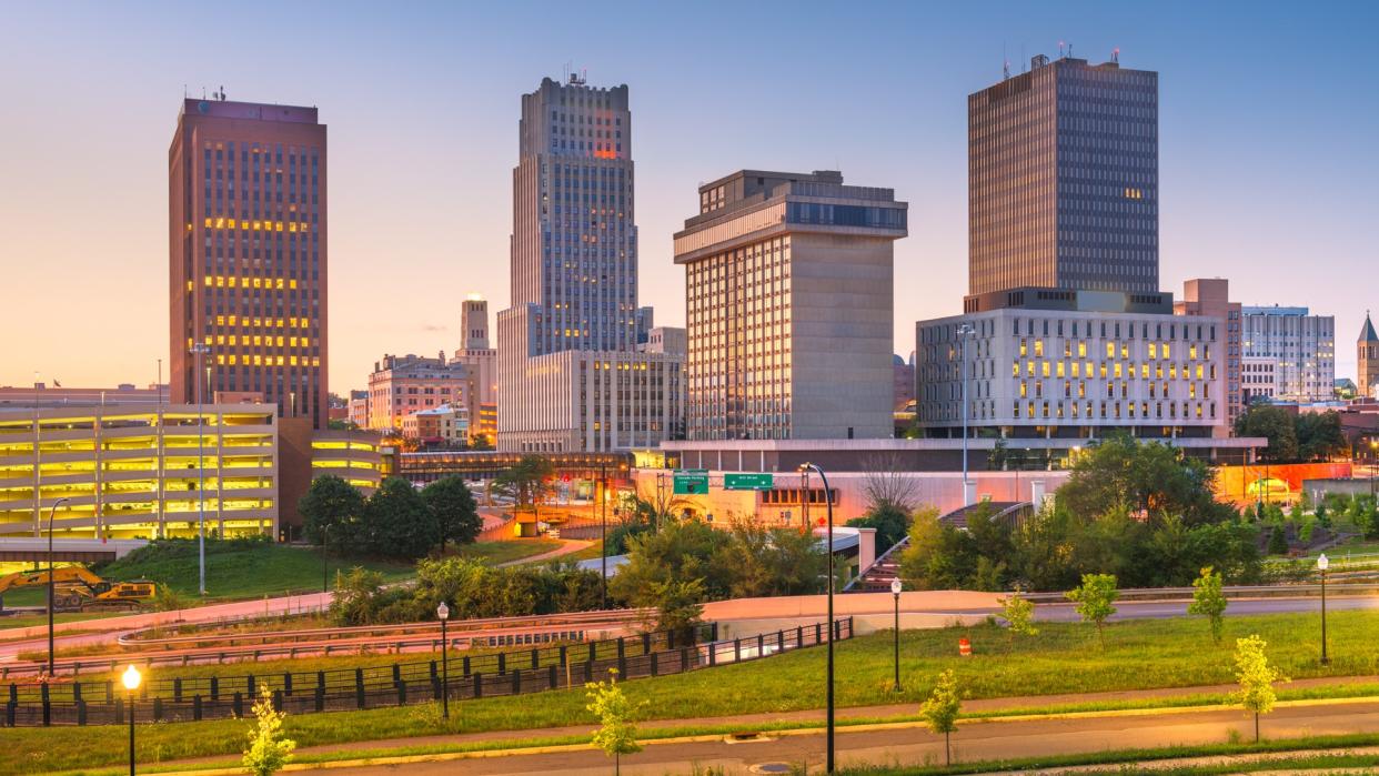 Akron, Ohio, USA downtown skyline at dusk.