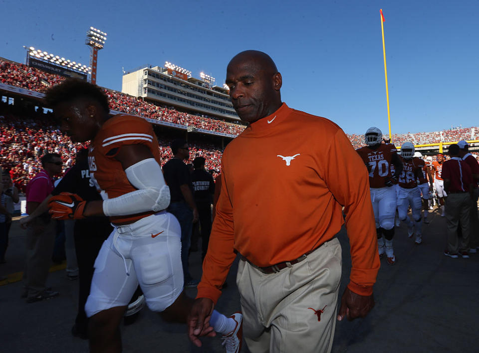 DALLAS, TX - OCTOBER 10: Head coach Charlie Strong of the Texas Longhorns walks off the field before the 2015 AT&T Red River Showdown at Cotton Bowl on October 10, 2015 in Dallas, Texas. (Getty Images)