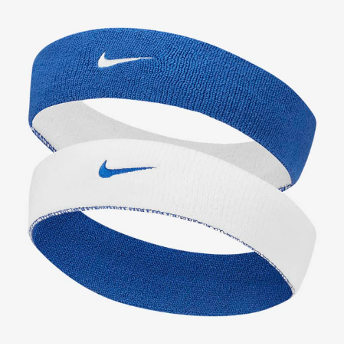 blue and white nike dri-fit reversible headband against white background