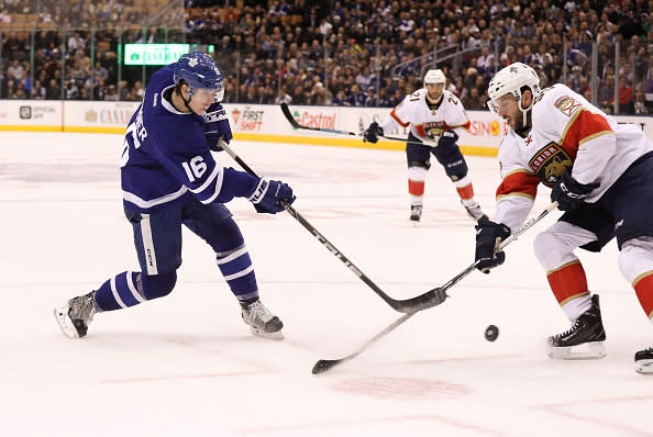 TORONTO, ON - OCTOBER, 27 In third period action, Toronto Maple Leafs center Mitchell Marner (16) tries to shoot past Florida Panthers defenseman Jason Demers (55). The Toronto Maple Leafs beat the Florida Panthers 3-2 at the Air Canada Centre in Toronto. October 27, 2016 Richard Lautens/Toronto Star (Richard Lautens/Toronto Star via Getty Images)