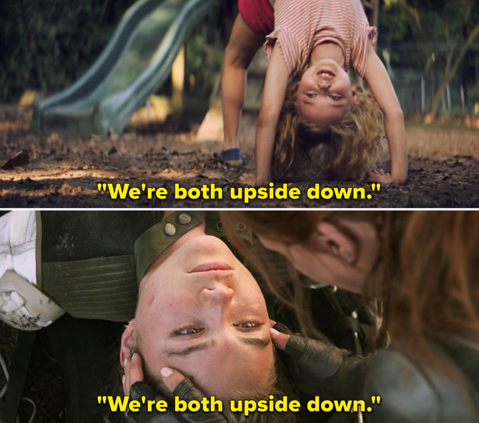 Young Natasha doing a back bend and saying, "We're both upside down," vs older Yelena saying the same thing