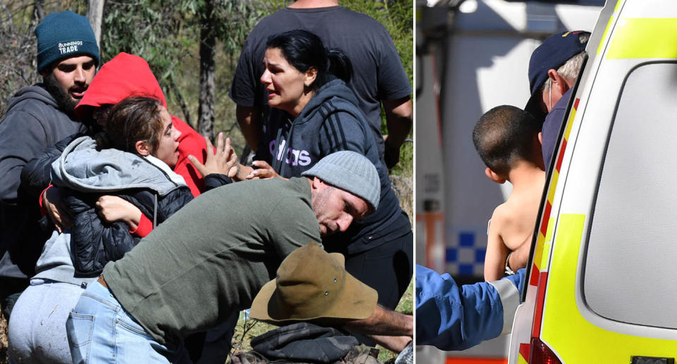 Missing three year old Anthony AJ Elfalak is carried from an ambulance before being transported to hospital after being found on his families property near Putty south west of Sydney, Monday, September 6, 2021. Three year old AJ  has been missing for 4 days with a massive search effort being launched by NSW Police, SES and the RFS.(AAP Image/Dean Lewins) NO ARCHIVING