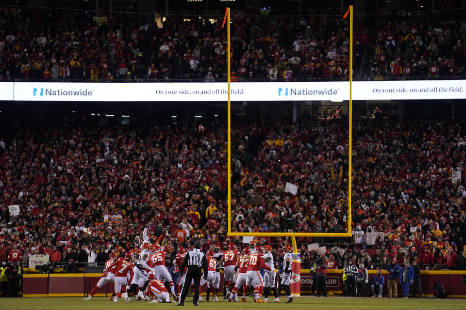 Kansas City Chiefs place kicker Harrison Butker (7) kicks a field goal against the Cincinnati Bengals during the first half of the NFL AFC Championship playoff football game, Sunday, Jan. 29, 2023, in Kansas City, Mo. (AP Photo/Jeff Roberson)