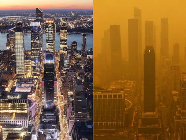 PHOTO: The New York skyline is shown on March 19, 2023, and on June 7, 2023. (Gary Hershorn/ABC News)