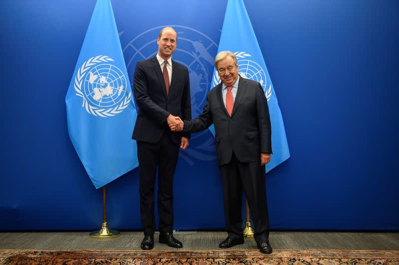 Britain's Prince William, Prince of Wales, shakes hands with United Nations Secretary General Antonio Guterres during a meeting at United Nations headquarters