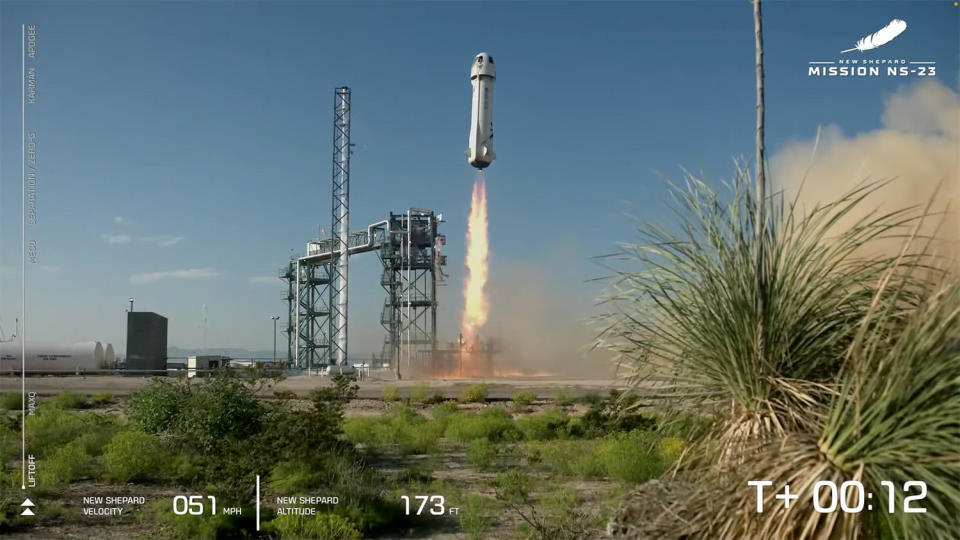 A Blue Origin New Shepard spacecraft blasts off from the company's West Texas launch site last September, carrying a suite of microgravity payloads on what was to have been the company's 23rd sub-orbital spaceflight. Failure of the main engine's nozzle about 64 seconds after liftoff triggered an abort that destroyed the booster. The capsule's escape system performed as designed and the spacecraft made a successful parachute-assisted landing. / Credit: Blue Origin