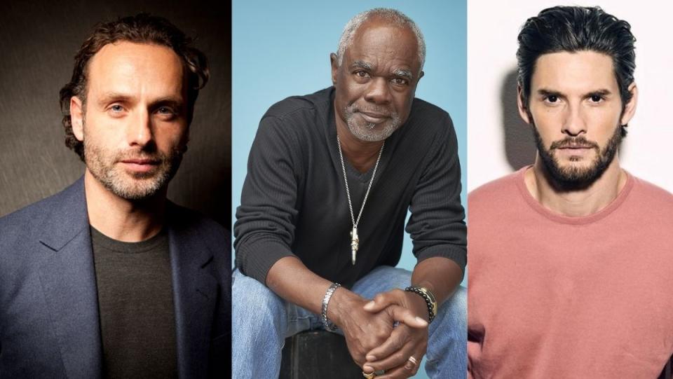 a collage of actors andrew lincoln, ben barnes, and glynn turman who star in Guillermo Del Toro's Cabinet of Curiosities