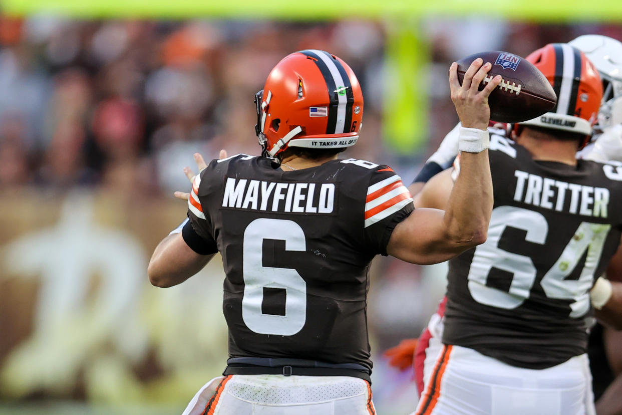 CLEVELAND, OH - OCTOBER 17: Cleveland Browns quarterback Baker Mayfield (6) throws a pass during the third quarter of the National Football League game between the Arizona Cardinals and Cleveland Browns on October 17, 2021, at FirstEnergy Stadium in Cleveland, OH. (Photo by Frank Jansky/Icon Sportswire via Getty Images)