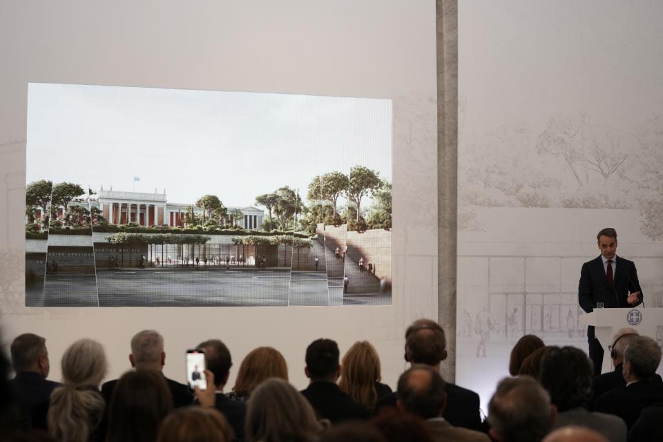 Greek Prime Minister Kyriakos Mitsotakis speaks at a presentation event for the planned renovation of the National Archaeological Museum, in Athens, Greece, on Wednesday, Feb. 15, 2023. The British architect, David Chipperfield, is leading the project that will expand the museum's exhibition space, create a new entrance, and garden space. The museum, which showcases artifacts from ancient Greece, is considered to be one of the most important in the world. (AP Photo/Thanassis Stavrakis)