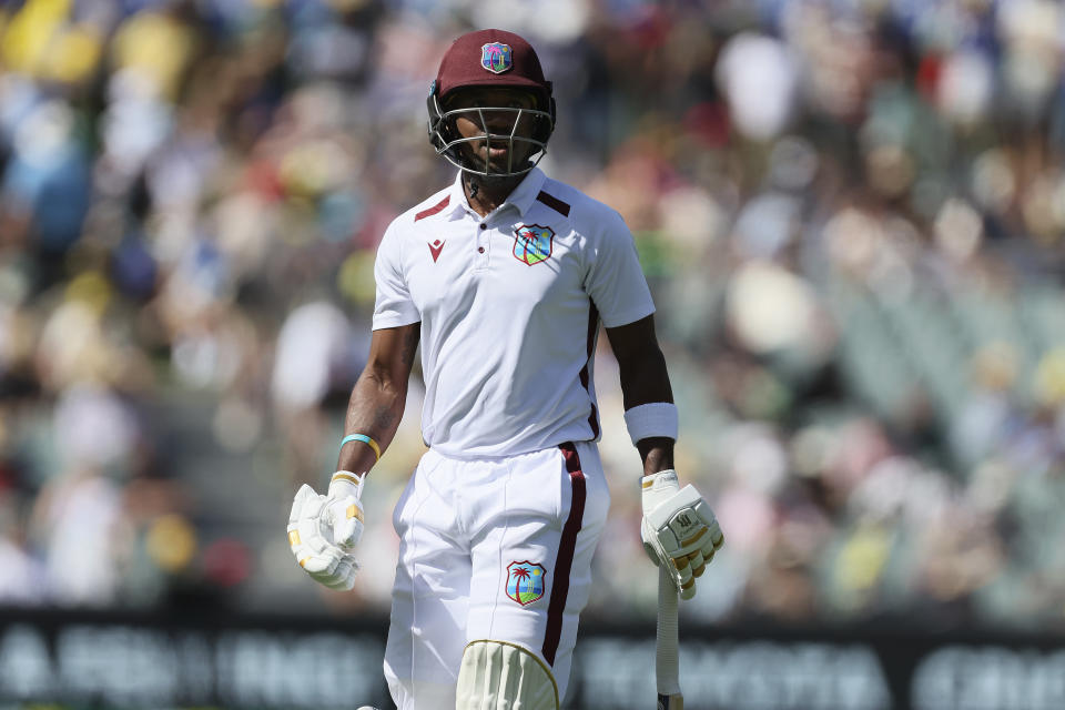 West Indies' Kavem Hodge walks off after losing his wicket to Australia on the second day of their cricket test match in Adelaide, Australia, Thursday, Jan. 18, 2024. (AP Photo/James Elsby)