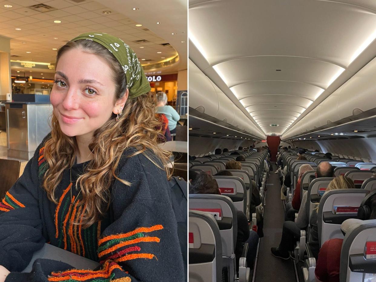 The author posing for a photo in Boston Logan Airport (L) and PLAY Airlines airplane seen from the rear (R)