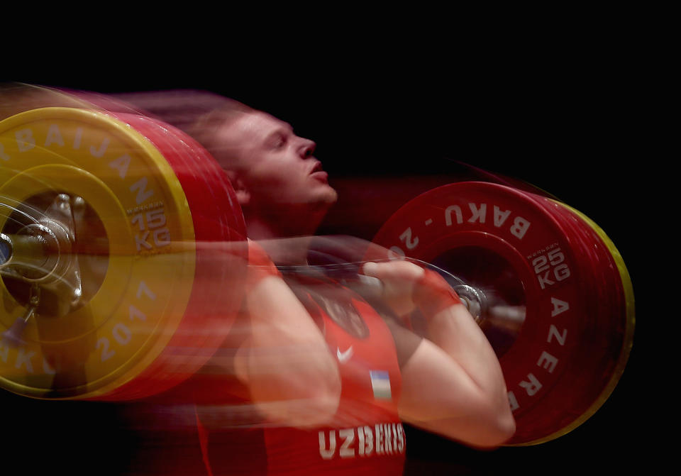 <p>Ivan Efremov of Uzbekistan competes in the Men’s Weighlifting 105 kg finals during day three of Baku 2017 – 4th Islamic Solidarity Games at Weightlifting Arena. on May 17, 2017 in Baku, Azerbaijan. (Photo: Francois Nel/Getty Images) </p>