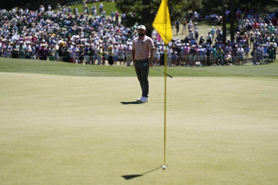 Tyrrell Hatton, of England, reacts after missing a putt on the sixth hole during third round at the Masters golf tournament at Augusta National Golf Club Saturday, April 13, 2024, in Augusta, Ga. (AP Photo/George Walker IV)